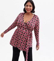New Look Curves Burgundy Geometric Collared Wrap Top